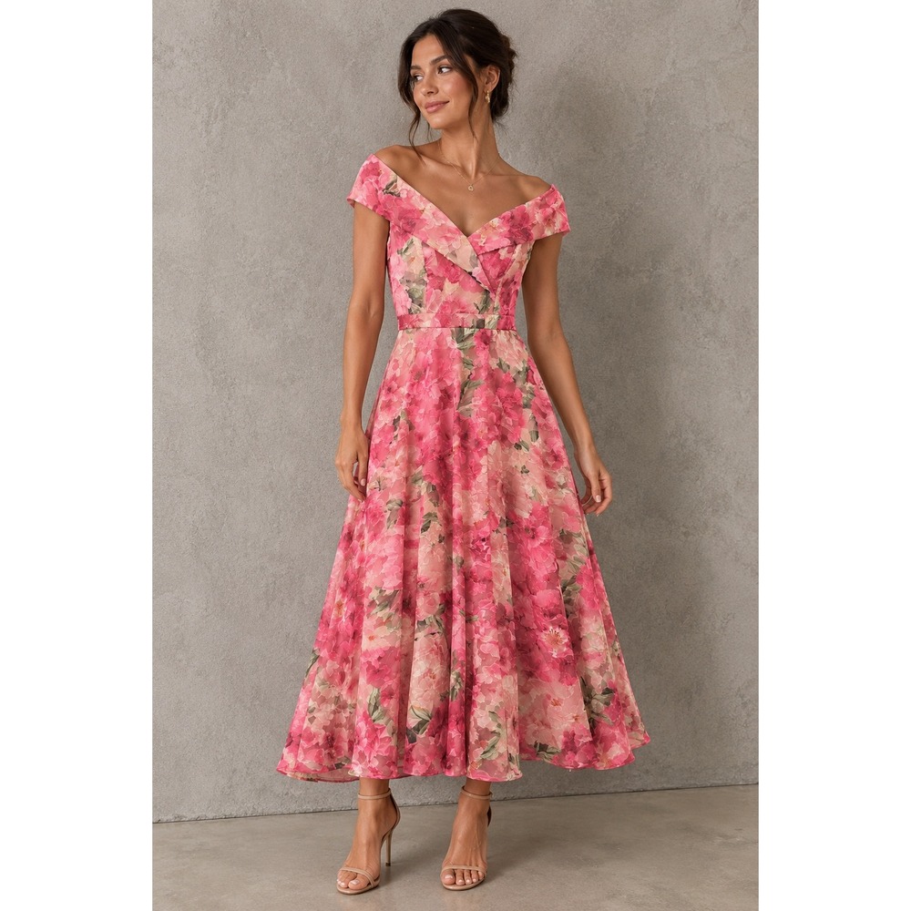XSCAPE Women Dress 4 Pink Floral Off-Shoulder Gown Garden Party